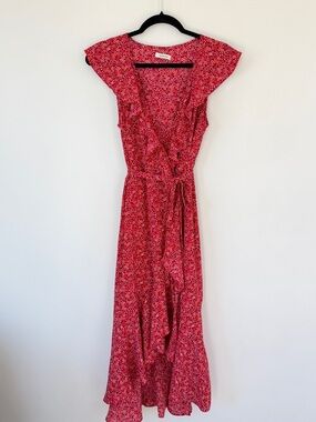 Red Floral Wrap Maxi Dress with Ruffle Trim